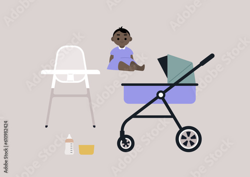 A baby set, a stroller, a high kitchen chair, a set of bottles and bowls