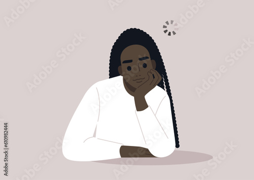 A young African character spacing out with a loading circle spinning above their head, low attention span, ADHD symptoms