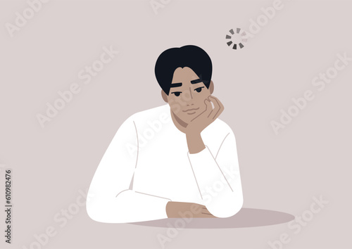 A young Asian character spacing out with a loading circle spinning above their head, low attention span, ADHD symptoms