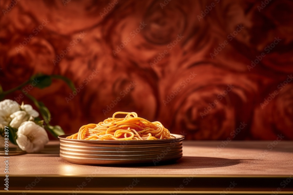 Natural light close-up photography of a refined  spaghetti on a metal tray against a floral wallpaper background. With generative AI technology