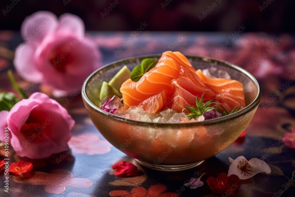 Detailed close-up photography of a tempting sashimi in a glass bowl against a floral wallpaper background. With generative AI technology Detailed close-up photography of a tempting sashimi in a glass bowl against a floral wallpaper background. With generative AI technology