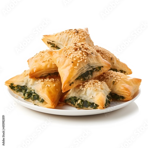 Phyllo pastry stuffed with spinach  feta cheese  and herbs to make a Greek spanakopita. Generative AI