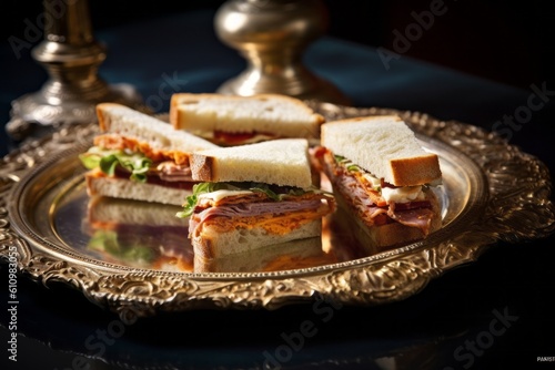 Highly detailed close-up photography of a tempting sandwiches on a porcelain platter against an antique mirror background. With generative AI technology
