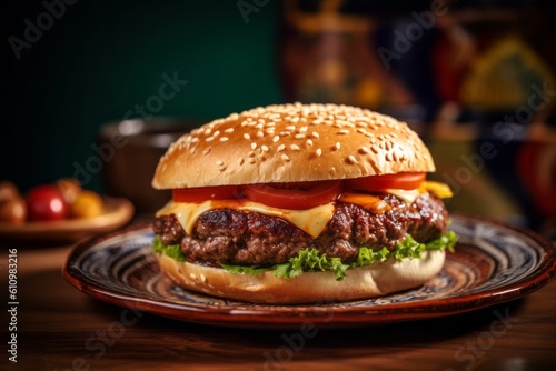 Macro view photography of a tempting burguer on a rustic plate against a ceramic mosaic background. With generative AI technology
