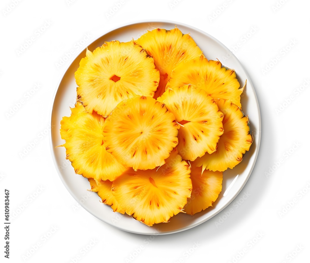 sour pineapple slices on a tropical platter. Generative AI sour pineapple slices on a tropical platter. Generative AI