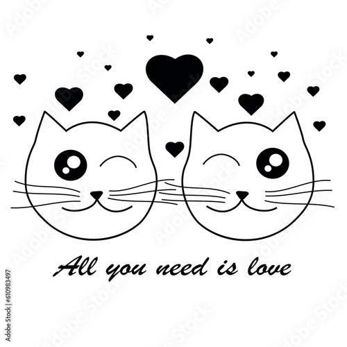 Vector illustration, in love cats with hearts in cartoon style.