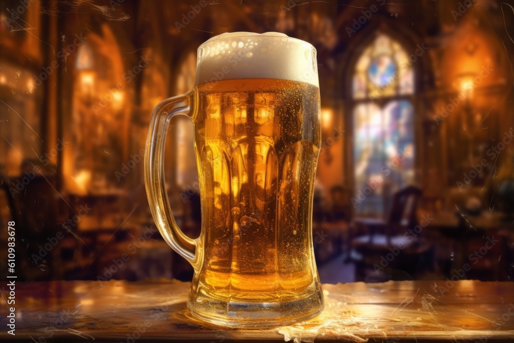 Pouring beer with bubble froth in glass for International Beer Day. Generative Ai Pouring beer with bubble froth in glass for International Beer Day. Generative Ai