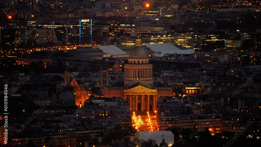 Aerial view of the French pantheon building illuminated at night in Paris Aerial view of the French pantheon building illuminated at night in Paris