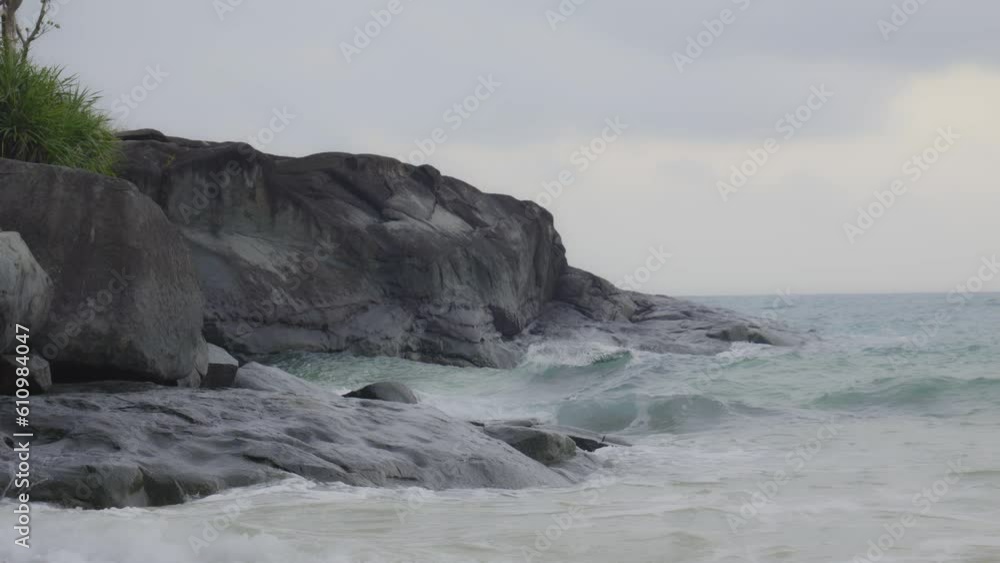 Cinematic dreamy shot Of Sea Waves Breaking On The Boulders . Slow Motion Cinematic dreamy shot Of Sea Waves Breaking On The Boulders . Slow Motion