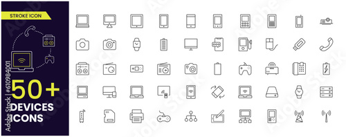 Personal Devices and gadgets Related Vector Line Icons. Contains such as mobile, Tablet, PC, watch, gamepad and camera, and more