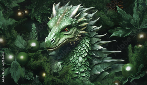 Green dragon on the background of a green Christmas tree . Symbol of 2024. Chinese New Year. Generative AI