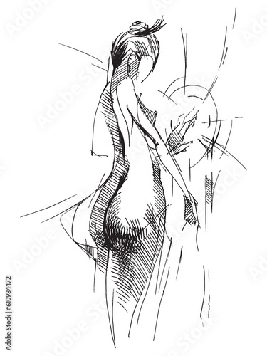 Line drawing of an abstract woman. Female naked body. Silhouette of a girl figure