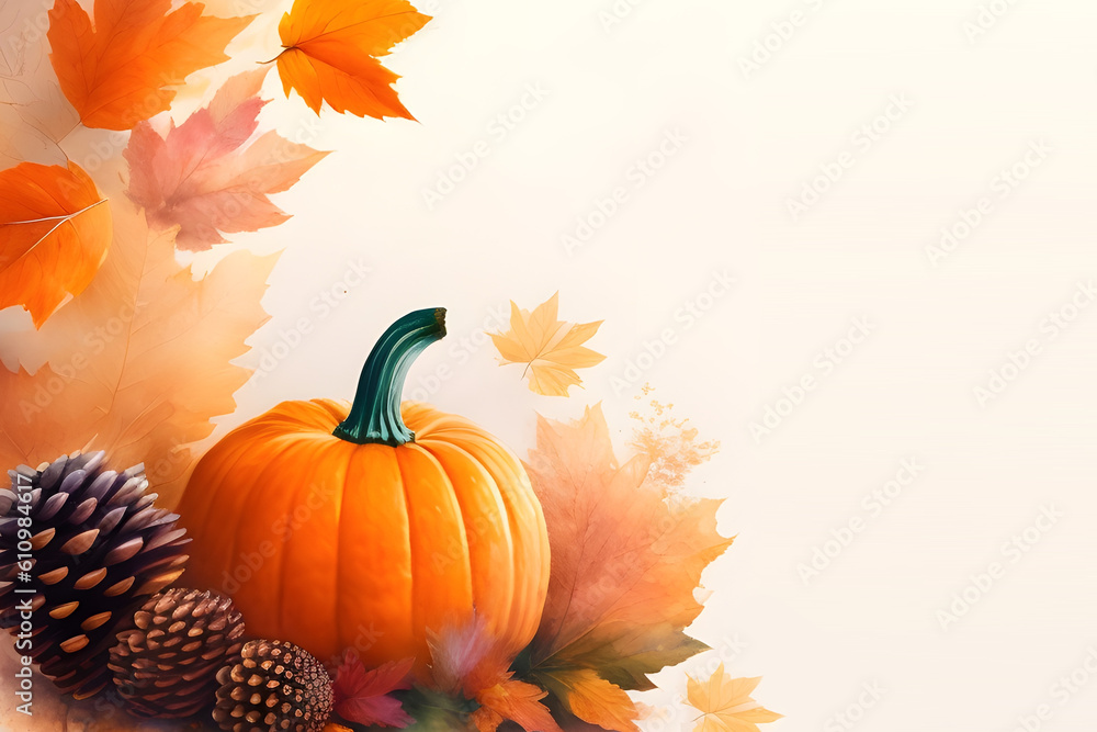 Pumpkin with colorful autumn leaves banner template. Thanksgiving, fall banner with copy space. Digital watercolor, Generative AI. Pumpkin with colorful autumn leaves banner template. Thanksgiving, fall banner with copy space. Digital watercolor, Generative AI.