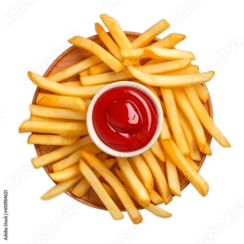 French Fries or Potato Chips with Ketchup Isolated Illustration on Transparent Background, Generative AI.