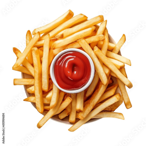 French Fries or Potato Chips with Ketchup Isolated Illustration on Transparent Background, Generative AI.