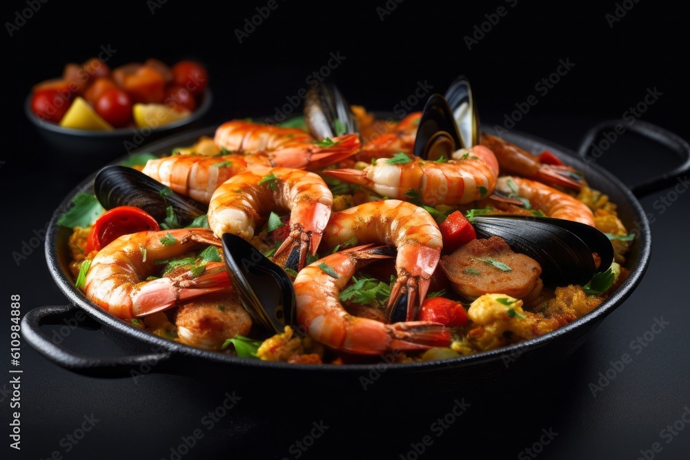 Macro detail close-up photography of a tempting paella on a slate plate against a dark background. With generative AI technology