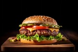 Highly detailed close-up photography of a tempting burguer on a wooden board against a dark background. With generative AI technology