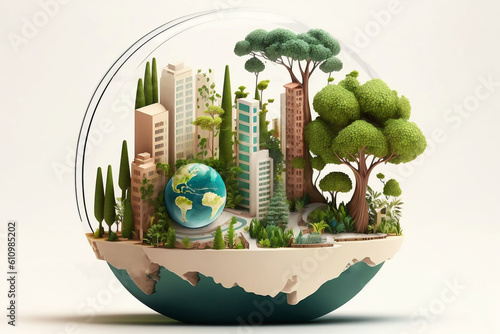 Small green eco city in the sphere, ecological concept of saving the planet. Generated AI © Ms_Tali