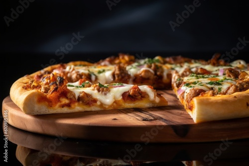 Close-up view photography of a tempting pizza on a wooden board against a dark background. With generative AI technology
