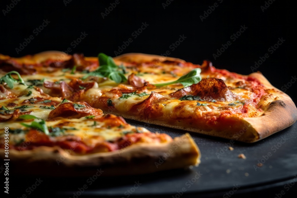Detailed close-up photography of a juicy pizza on a slate plate against a dark background. With generative AI technology Detailed close-up photography of a juicy pizza on a slate plate against a dark background. With generative AI technology