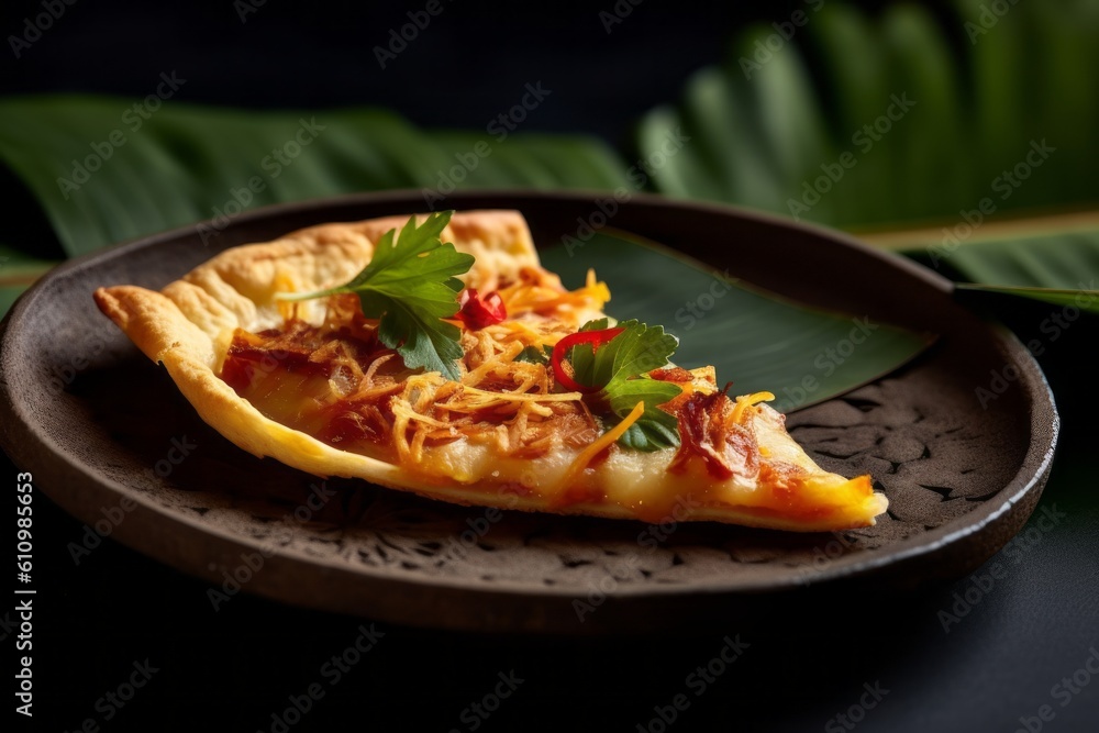 Macro view photography of a delicious pizza on a palm leaf plate against a dark background. With generative AI technology