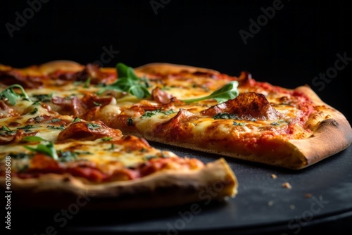 Detailed close-up photography of a juicy pizza on a slate plate against a dark background. With generative AI technology