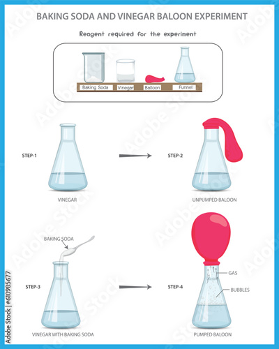 Baking Soda and Vinegar Balloon Science experiment. Baking soda and vinegar experiment vector illustration. Chemistry experiment with baking soda and viniger. chemistry project experiment. 