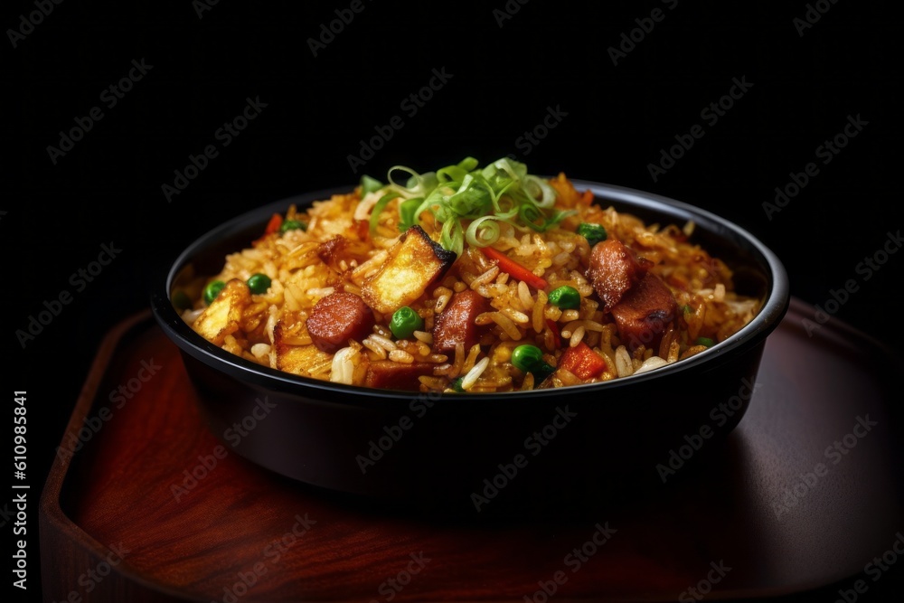 Macro view photography of a delicious fried rice on a plastic tray against a dark background. With generative AI technology Macro view photography of a delicious fried rice on a plastic tray against a dark background. With generative AI technology