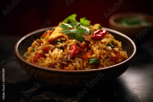 Close-up view photography of a tempting fried rice on a ceramic tile against a dark background. With generative AI technology