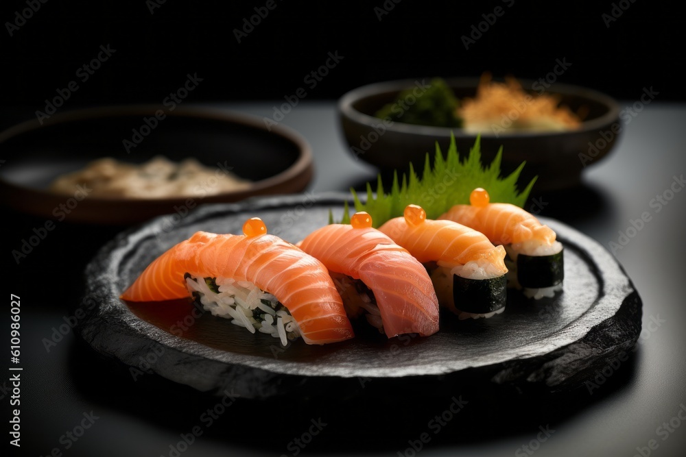 Close-up view photography of a tempting sushi in a clay dish against a dark background. With generative AI technology Close-up view photography of a tempting sushi in a clay dish against a dark background. With generative AI technology