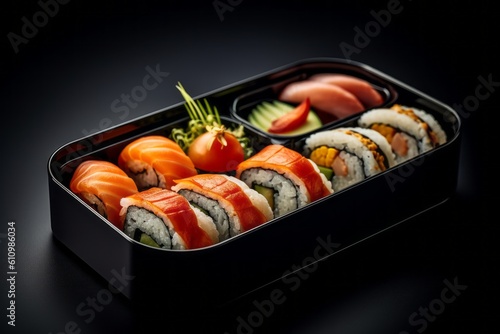 Highly detailed close-up photography of a tempting sushi in a bento box against a dark background. With generative AI technology