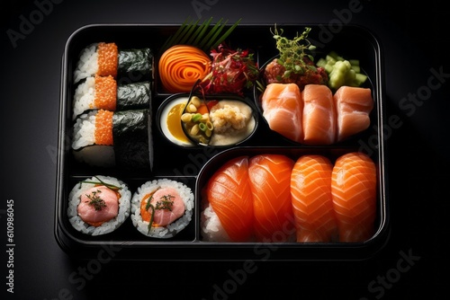 Highly detailed close-up photography of a tempting sushi in a bento box against a dark background. With generative AI technology