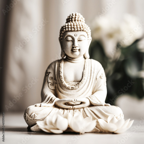 Closeup Rock Buddha statue  used for amulets of Buddhism religion. Buddhism is popular region in China Japan and south east Asia.copy space concept   Photo by AI generative technique.