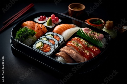 Natural light close-up photography of an hearty sushi in a bento box against a dark background. With generative AI technology