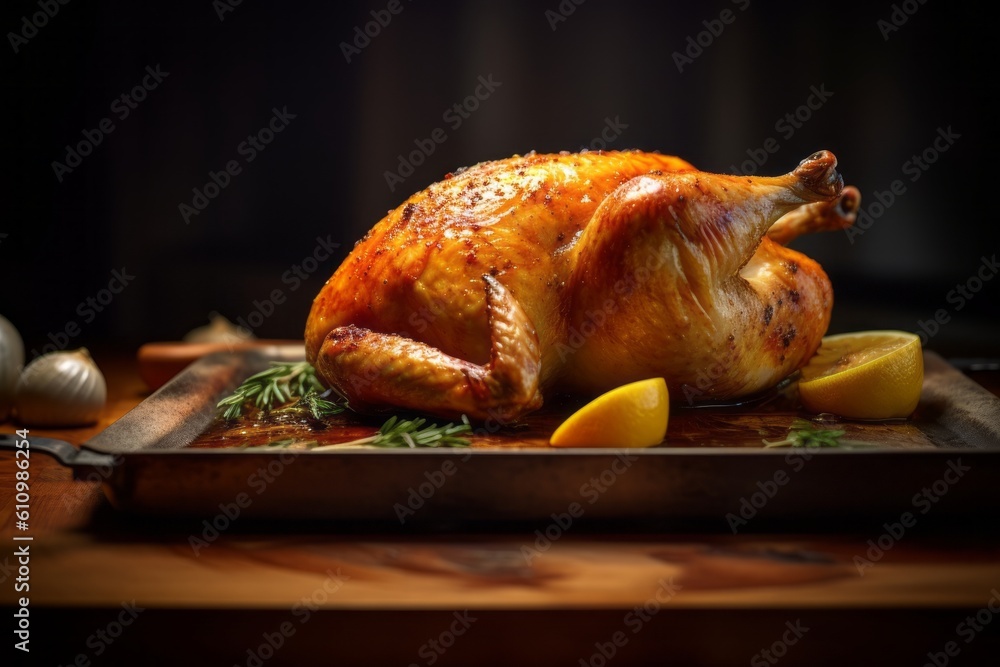 Close-up view photography of a tempting roast chicken on a wooden board against a dark background. With generative AI technology Close-up view photography of a tempting roast chicken on a wooden board against a dark background. With generative AI technology
