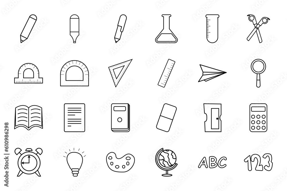 Line art School supplies set. ruler, calculator, globe, books, soccer ball, notebooks, pen, pencils, paints, backpack, etc. Line art School supplies set. ruler, calculator, globe, books, soccer ball, notebooks, pen, pencils, paints, backpack, etc.