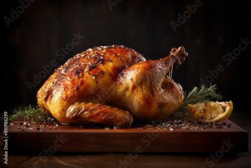 Wallpaper Mural Close-up view photography of a tempting roast chicken on a wooden board against a dark background. With generative AI technology Torontodigital.ca