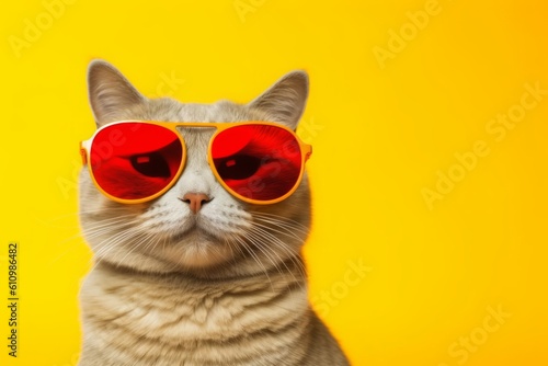 Closeup portrait of funny cat wearing sunglasses on isolated background for International cat day. Generative Ai