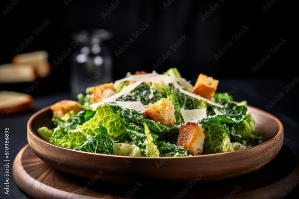 Close-up view photography of a refined  caesar salad on a rustic plate against a dark background. With generative AI technology