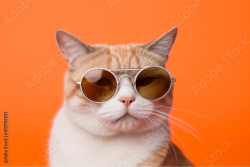 Closeup portrait of funny cat wearing sunglasses on isolated background for International cat day. Generative Ai