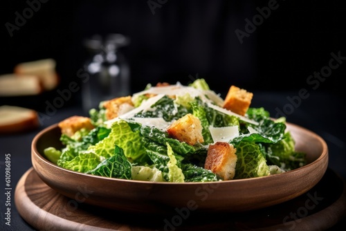 Close-up view photography of a refined caesar salad on a rustic plate against a dark background. With generative AI technology