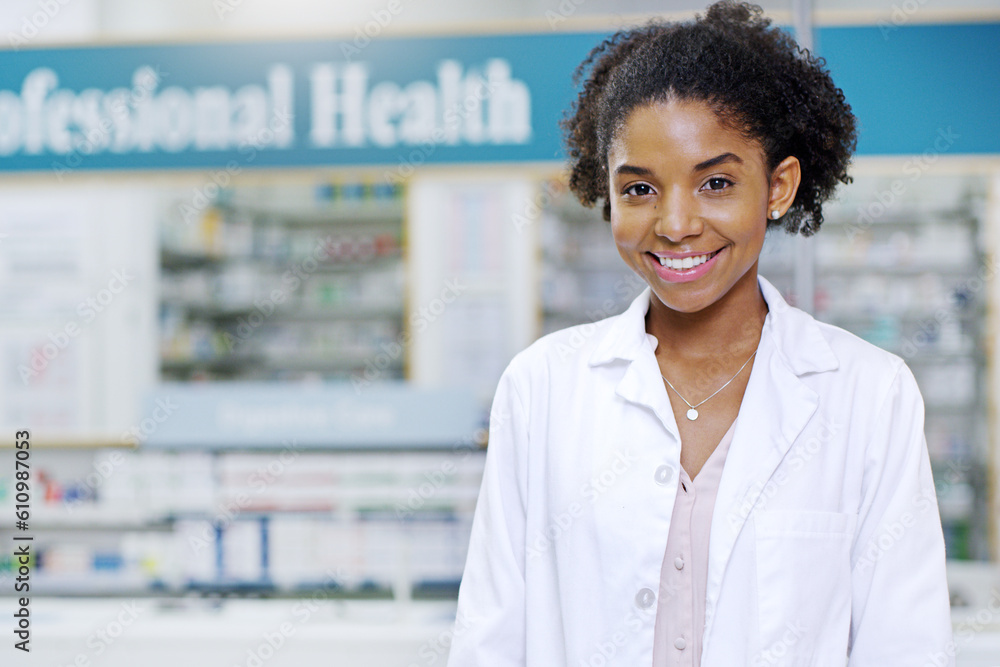Happy, smile and portrait of black woman in pharmacy for medical, pills and retail. Medicine, healthcare and trust with face of pharmacist in drug store for product, wellness and expert advice
