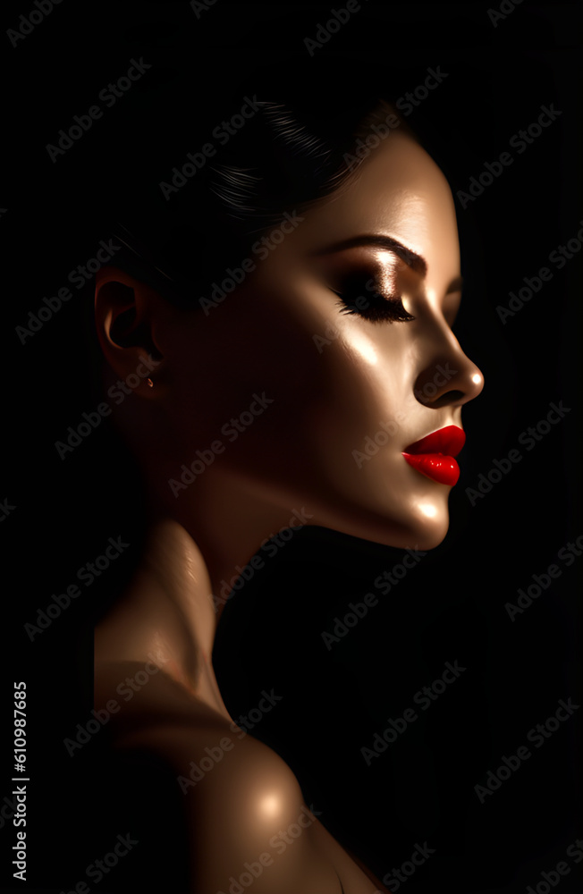 Portrait of a sensual brunette woman with red lipstick. Generative Artificial Intelligence. Portrait of a sensual brunette woman with red lipstick. Generative Artificial Intelligence.