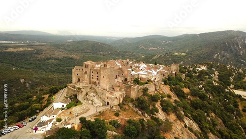 aerial view of Castillo de Castellar, medieval town within a castle in Andalusia, Castellar de la Frontera, province of Cádiz, Spain