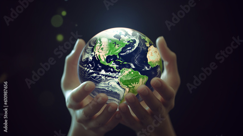 Hand holding planet earth environment Generative AI