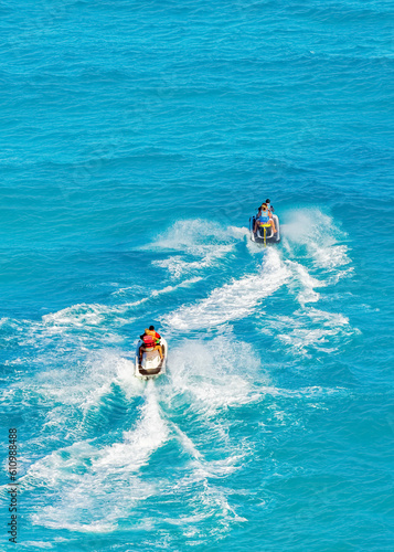 2 Jet Skis in the Caribbean sea, tropical Ocean, Vacation Concept, Cancun, Mexico