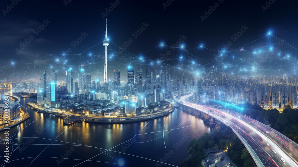 Blue light virtual technology a city Generative AI