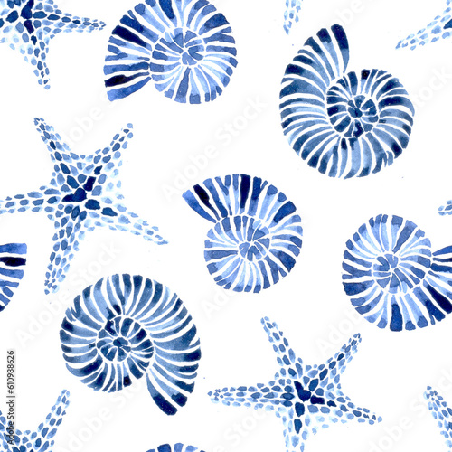 Canvastavla watercolor seamless pattern, with seashells and starfish