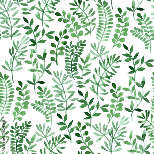 watercolor seamless pattern with abstract green leaves, greenery on white background