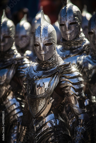 fighters in shiny silver knight armor on a battlefield, generative ai